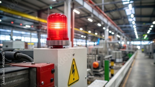 factory worker factory floor accident Concept. Red warning light in an industrial setting, indicating safety alert in a factory environment.