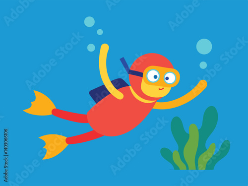cartoon character snorkeling in clear coral reef 