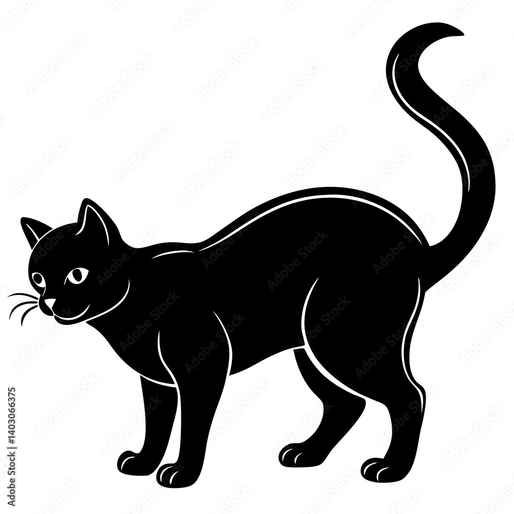 Obraz premium A black cat arching its back, vector silhouette on a white background
