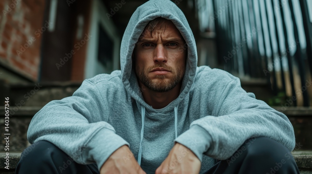 A serious young man with a beard, wearing a grey hoodie, sits on steps, conveying emotions of contemplation and intensity, with a focus on his expression and posture. A serious young man with a beard, wearing a grey hoodie, sits on steps, conveying emotions of contemplation and intensity, with a focus on his expression and posture.