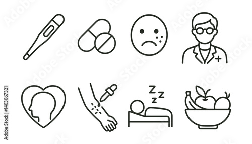 Set of icons: thermometer, pills, sad face, doctor, heart, dropper, sleeping, fruit bowl.