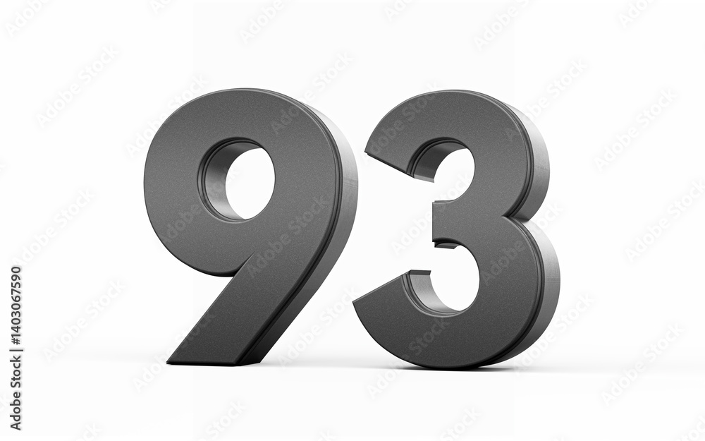 Naklejka premium Sleek metallic Black number 93 Ninety three standing on a white background, 3d illustration