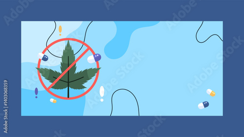anti drug day banner. blue background with illustration of marijuana leaf with prohibition sign and capsule medicine. prohibition to consume drugs or narcotics. ornament or decoration. element