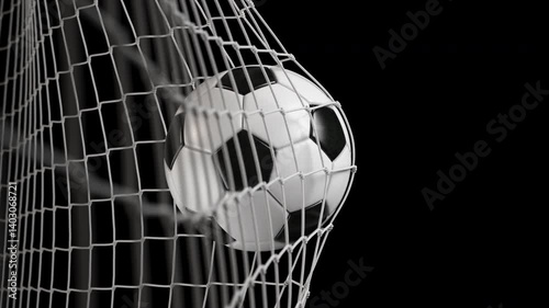 Soccer football ball hits net. Isolated slow motion with alpha channel. 3d animation
