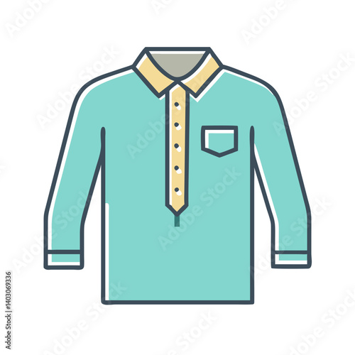 A teal long sleeve button down shirt with a yellow collar and a breast pocket