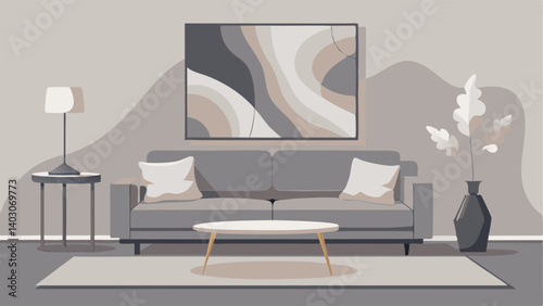 A sophisticated sitting area with a gray velvet sofa marble side tables and a neutral abstract art piece.