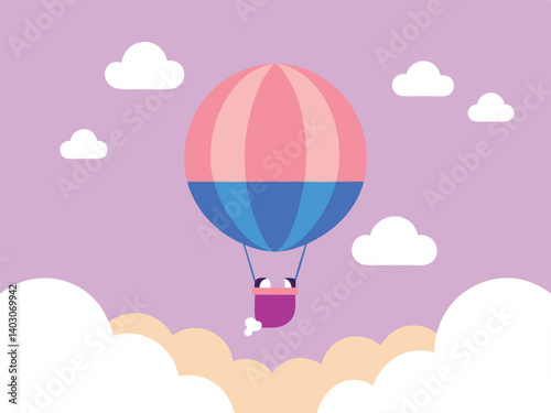 girl flying in hot air balloon above sunset clouds