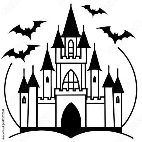 A castle silhouette with sharp towers and bats above, gothic style
