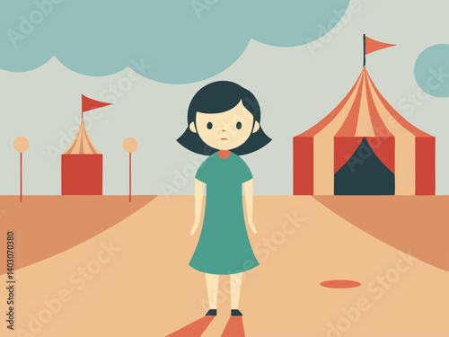 girl wandering in abandoned carnival muted