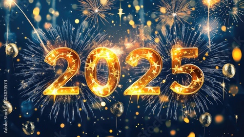Happy 2025 New Year Card Showcasing Fireworks and a Joyful Atmosphere