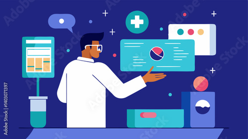 Pharmacology Training A student examining a virtual cabinet of medications in AR where they can learn about dosages side effects and interactions in an interactive way.