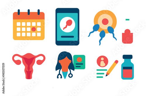 Set of fertility and medical icons, including calendar, smartphone, sperm, uterus, doctor, vaccine.