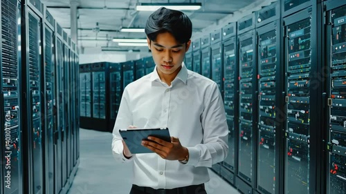 Smart IT Professional Performing Server Maintenance with Tablet