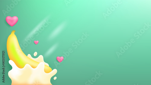 banana banner. background with yellow banana fruit with milk splashes, hearts and light effects. love bananas. tropical and fresh fruit. horizontal green background. 3d symbol. ornament or decoration
