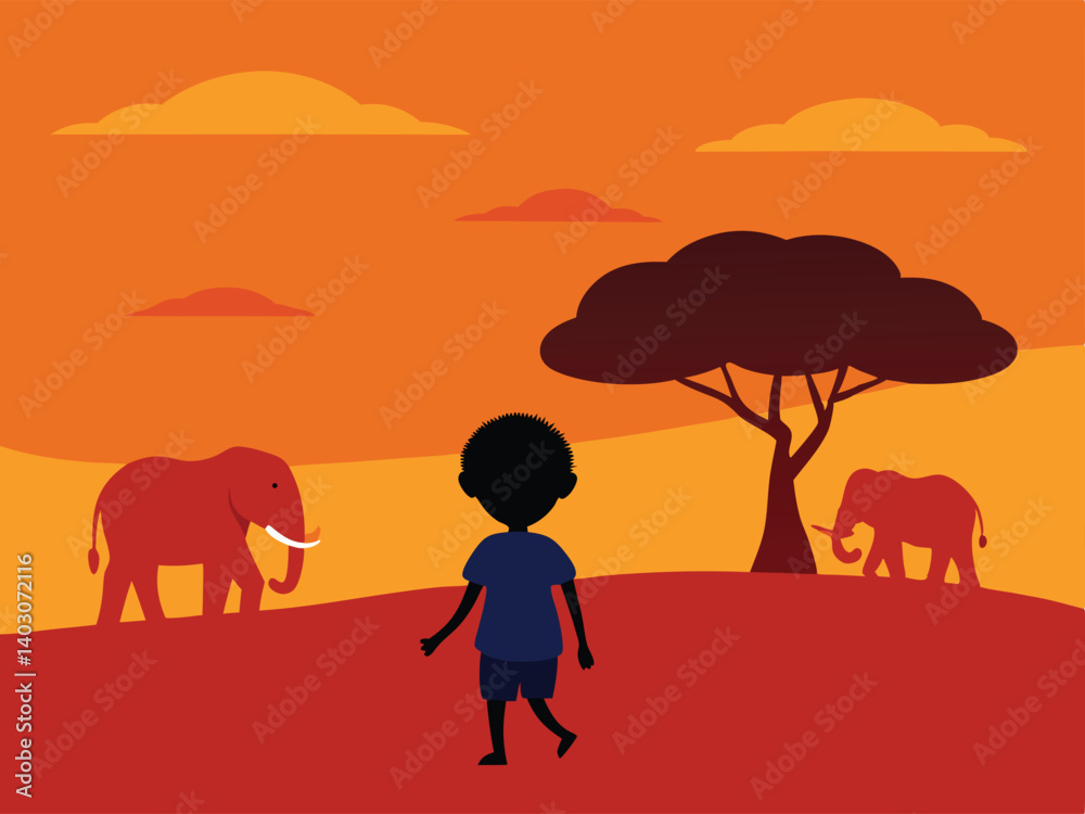 Naklejka premium elephants at sunset