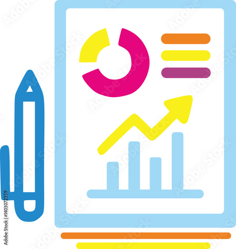 document or data analysis report, complete with graph and statistics icons
