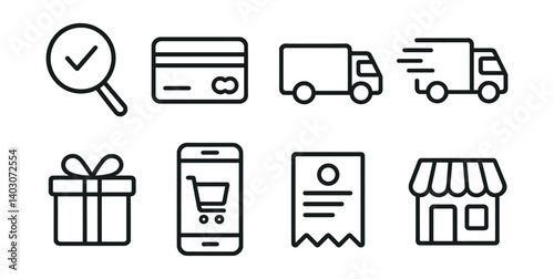 Set of icons: magnifying glass with checkmark, credit card, delivery truck, fast delivery truck, gift box, smartphone with shopping cart, receipt, storefront.