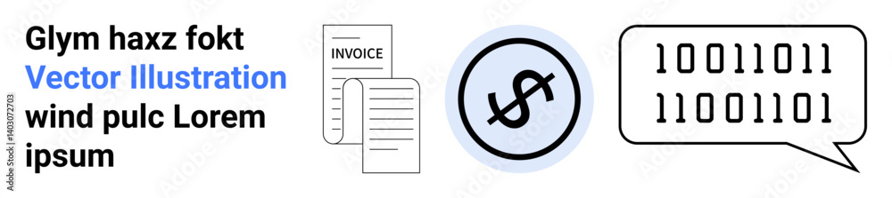 Stack of invoices, dollar logo within a circle, speech bubble with binary numbers. Ideal for finance, invoicing, cryptocurrency, data analysis, coding, digital payments simple landing page Stack of invoices, dollar logo within a circle, speech bubble with binary numbers. Ideal for finance, invoicing, cryptocurrency, data analysis, coding, digital payments simple landing page
