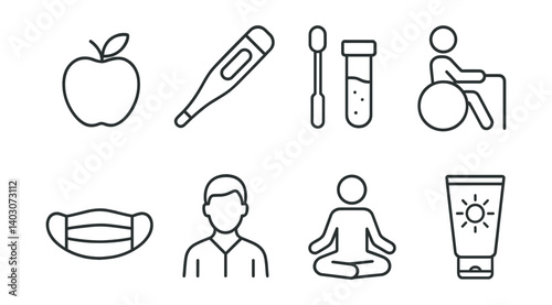 Set of icons: apple, thermometer, swab, test tube, wheelchair, mask, person, meditation, sunscreen.