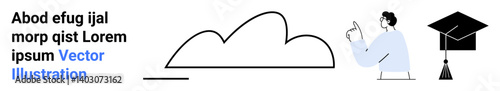 Man gesturing toward a cloud shape beside academic cap, representing knowledge, online learning, and innovation. Ideal for education, cloud computing, technology, digital learning, communication