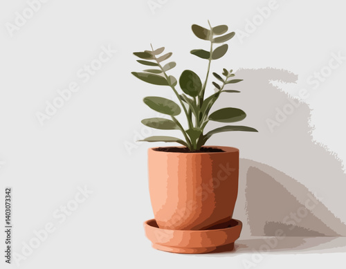 Pot de fleur de terre cuite avec le sol et jeune plante, illustration vectorielle d'isolement sur fond blanc