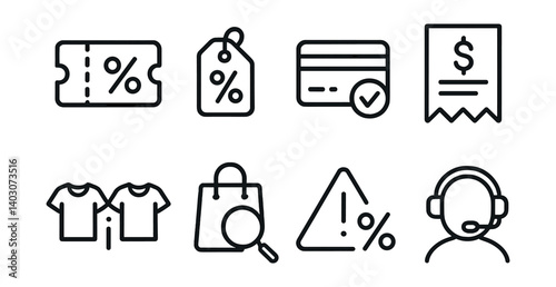 Set of icons: ticket with percentage, price tag with percentage, credit card with check mark, receipt with dollar sign, two t-shirts, shopping bag with magnifying glass, warning triangle