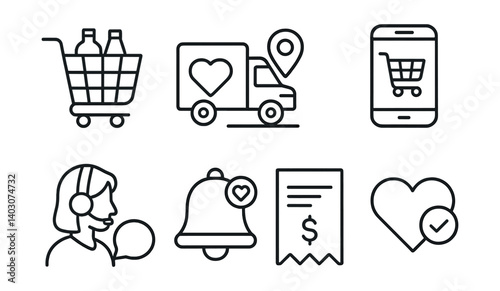 Set of shopping cart, delivery truck, mobile shop, support, notification, receipt, heart icons.