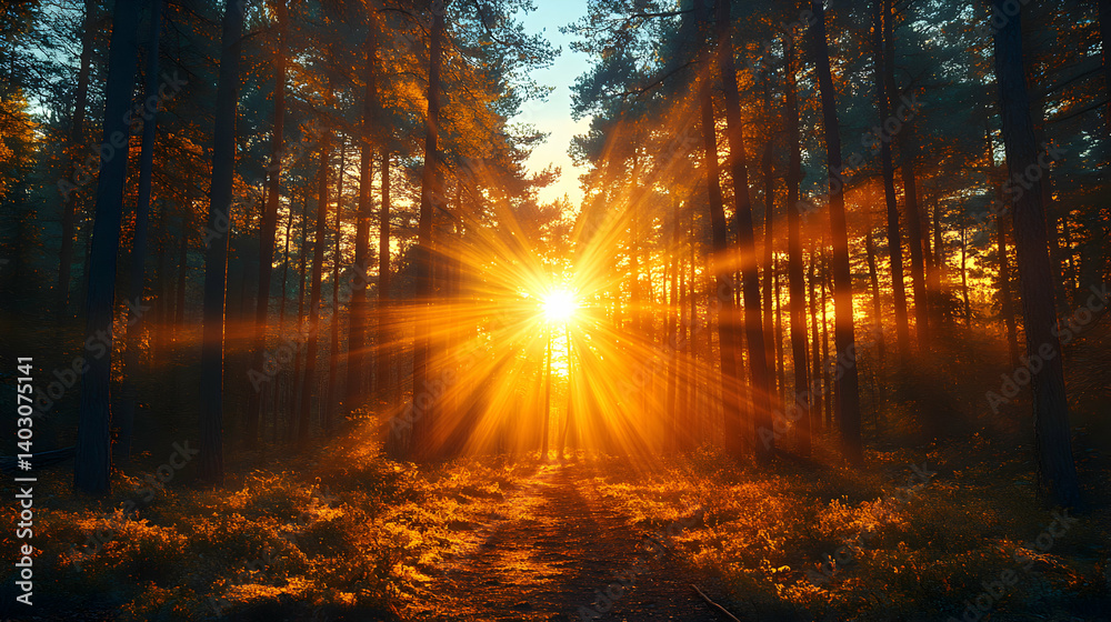 Fototapeta premium Sunburst through trees forest landscape