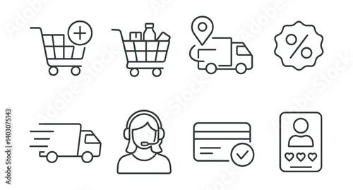 Set of shopping cart, delivery truck, discount, headset, credit card, profile, icons.