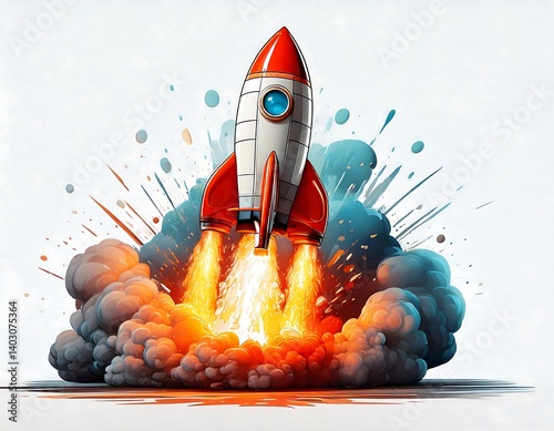 Cartoon rocket launching, white background