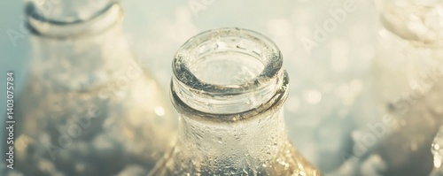 A close-up shot of a glass bottle frozen in ice, with the top of the bottle visible.