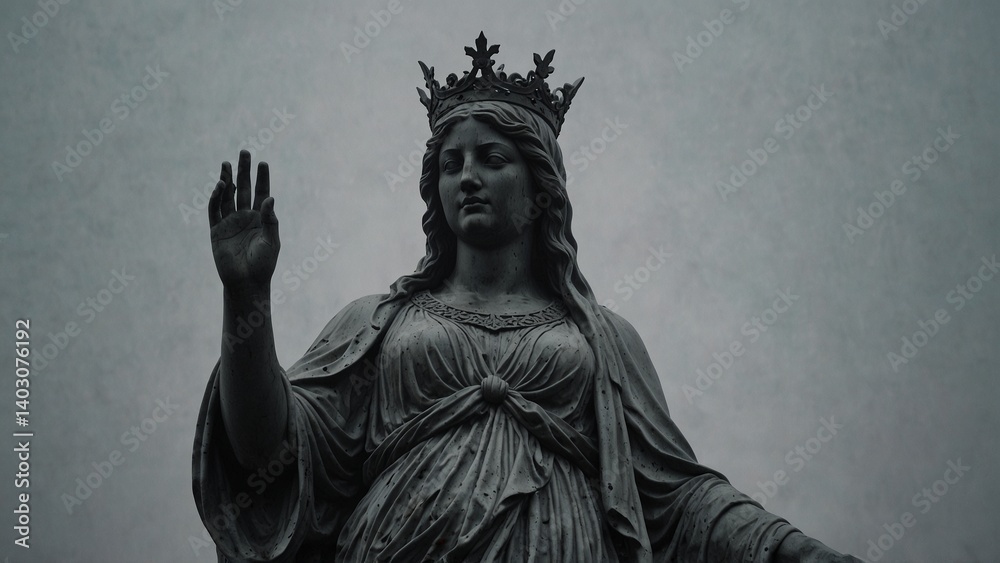 Fototapeta premium A statue of Fusonia, crowned with the first light of dawn and draped in veils of mist