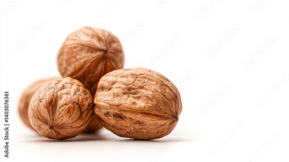 A visually appealing arrangement of whole walnuts in their natural shells atop a white surface, highlighting their organic shape and earthy tones in a clean setting. A visually appealing arrangement of whole walnuts in their natural shells atop a white surface, highlighting their organic shape and earthy tones in a clean setting.