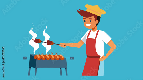 A vendor grilling skewers of marinated meat with the smell of sizzling barbecue filling the air.