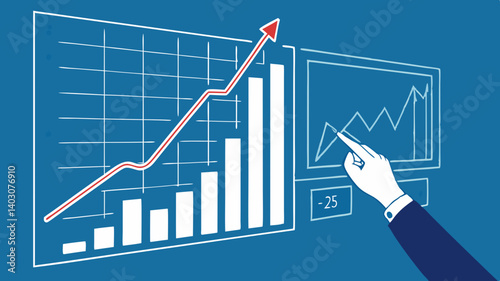 Analyzing upward trending financial charts showcasing positive growth and investment success A hand points to key data insights with clean modern