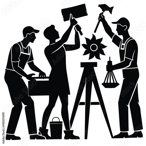 Construction Workers Black and White Vector Illustration: Renovation, Building, Home Improvement, DIY, Craftsmen Silhouette Art