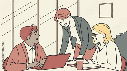 A collaborative team brainstorming innovative ideas sharing insights during a productive office meeting with soft lighting and minimalist line art
