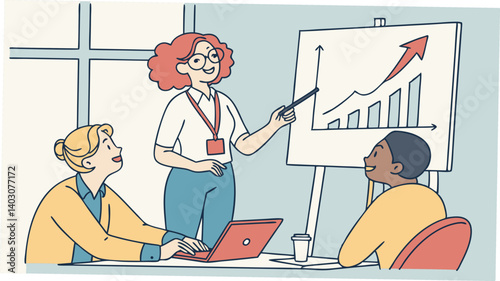 Enthusiastic businesswoman presenting positive growth graph to her team showcasing successful project results in a vibrant office meeting with a