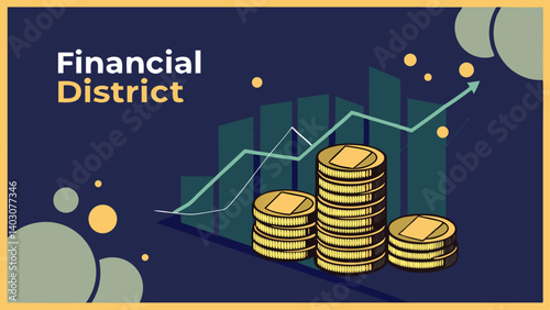 Thriving Financial District Stacks of gold coins symbolize economic growth and prosperity ascending graph depicts upward financial trends dark blue