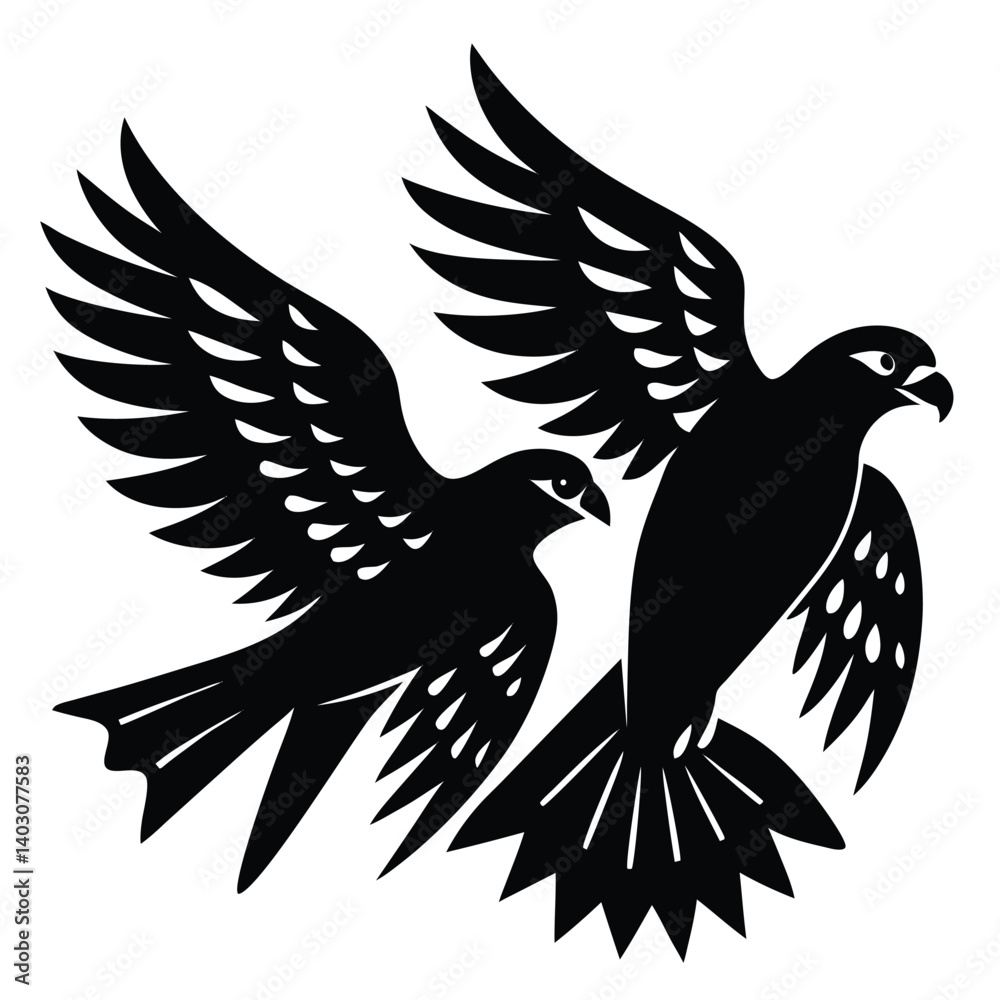 Obraz premium Two Black Silhouette Falcons Flying, Birds of Prey Vector Illustration, Wildlife Graphic Design Element, Animal Art Print