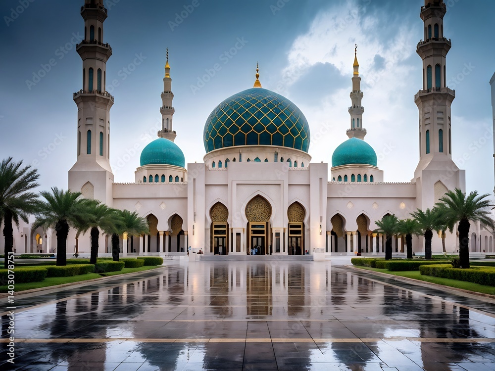 Naklejka premium Majestic Mosque with Turquoise Domes and Reflecting Pool