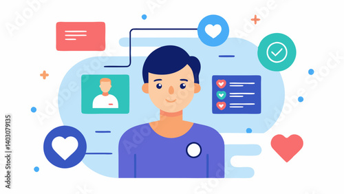 Personalized Health Profile An illustration of a profile page showing an avatar with icons for health metrics such as heart rate pressure and activity levels surrounded by health