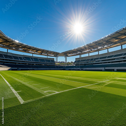 Sunny Day at Modern Soccer Stadium  Green Field  Empty Stands  Bright Sunlight
