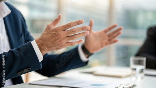 business presentation growth storytelling Concept. Businessman gesturing during a meeting, highlighting discussion and engagement in a corporate setting.