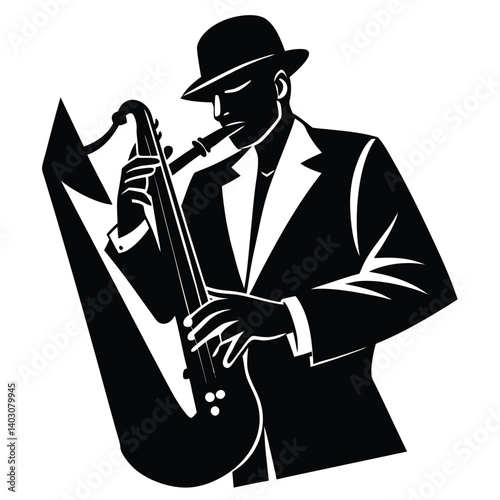 Black and White Saxophone Player Vector Art: Jazz Musician in Suit & Fedora Hat Illustration for Music, Art & Design Projects