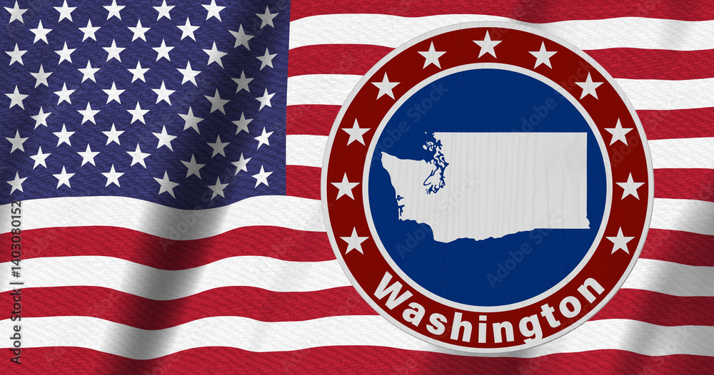 Washington map with stars on a US red, white and blue road sign