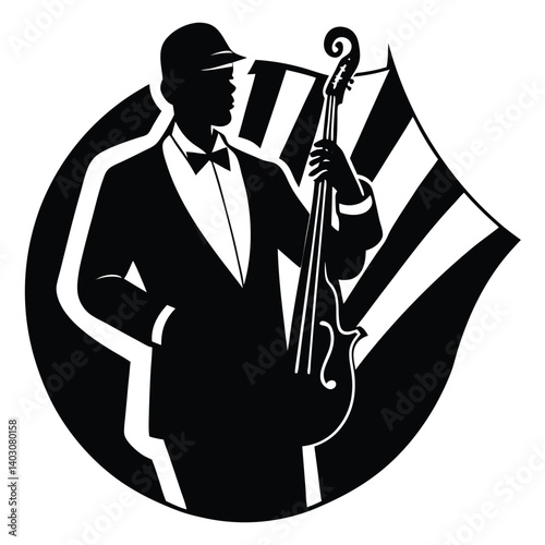 Black and White Vector Illustration of a Jazz Musician with Bass, Wearing a Suit and Hat, in a Vintage Style Logo Design