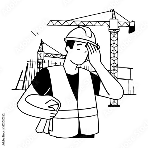 Construction Worker Wiping Sweat in Hard Hat and Safety Vest with Cranes in Background
