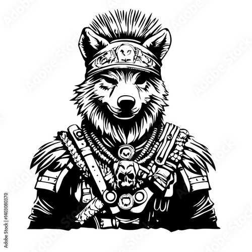 Warrior Wolf Character with Tribal Armor and Skull Accessories for Tattoo Art and Apparel Design