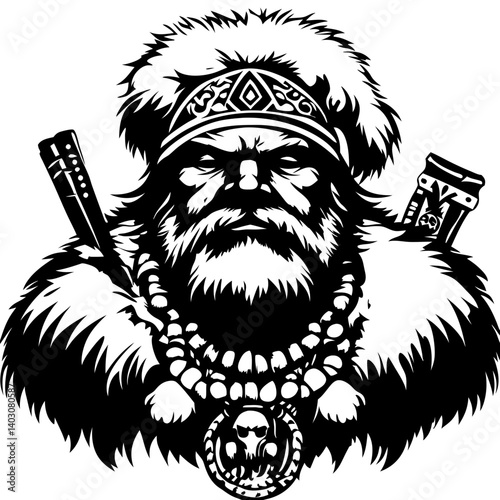 Fierce Viking Warrior with Beard and Fur Cloak Tattoo Design for Illustration and Coloring